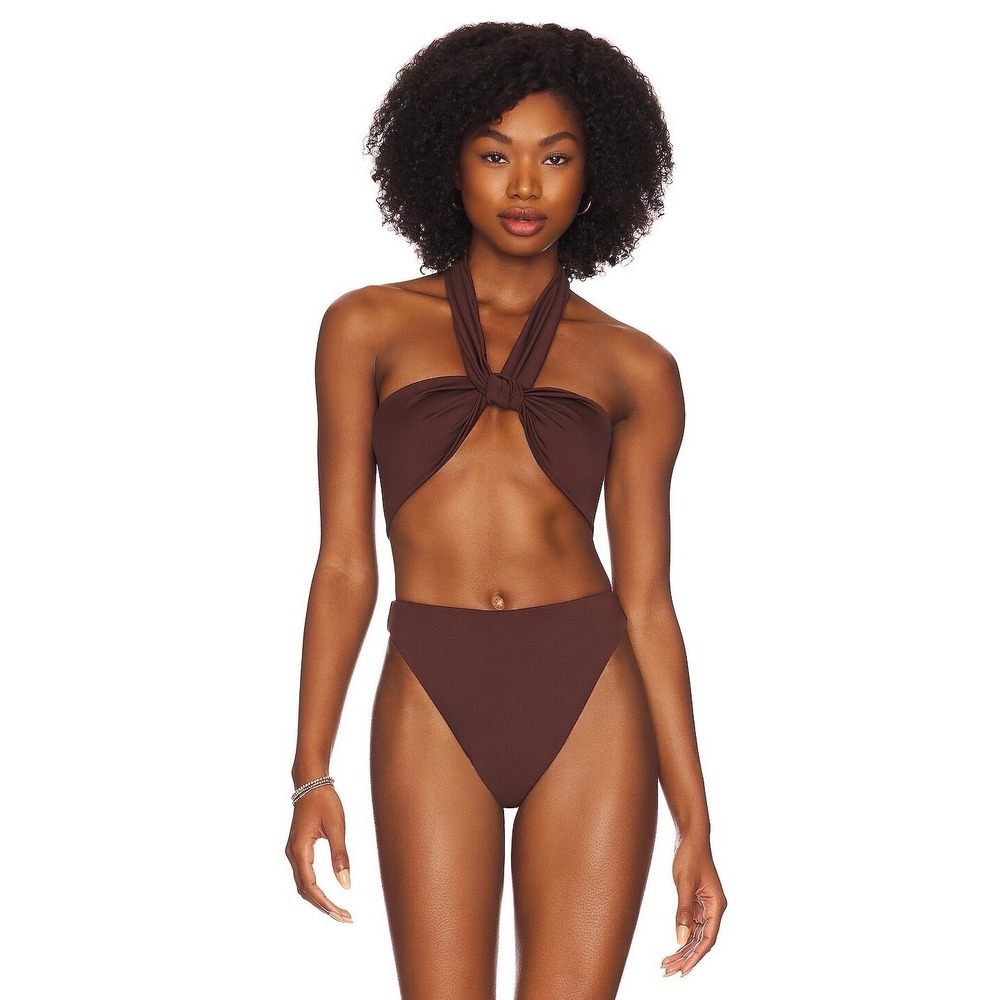 AEXAE Wrap Bikini Top Brown Recycled Halter Swim Top Large NEW